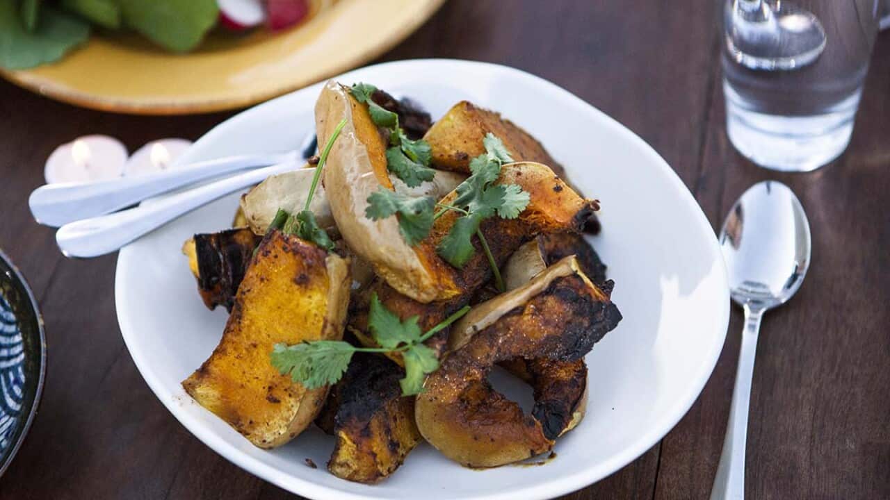 Spice roasted butternut squash with capered yoghurt