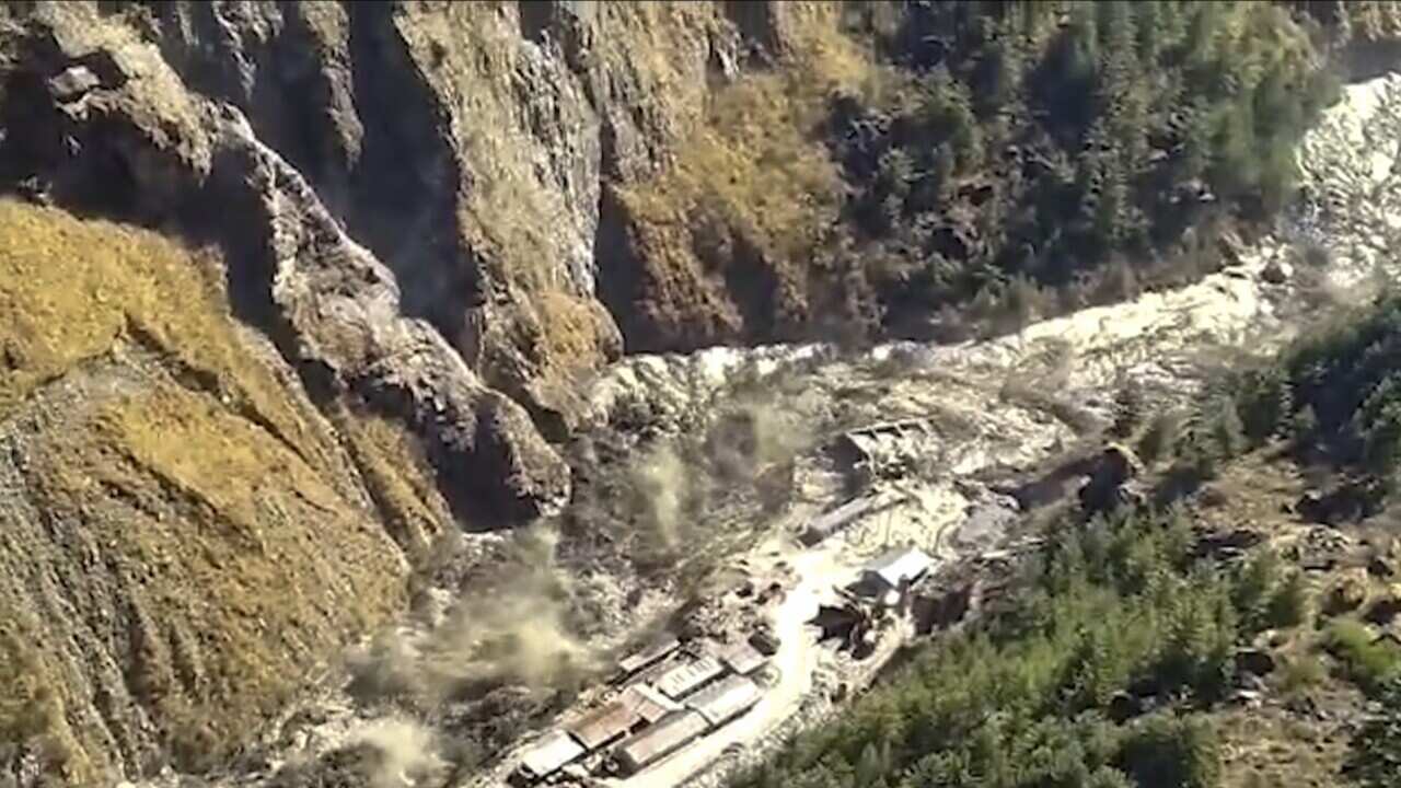 A massive flood of water, mud and debris flow at Chamoli District after a portion of the Nanda Devi glacier broke off in Uttarakhand, India.
