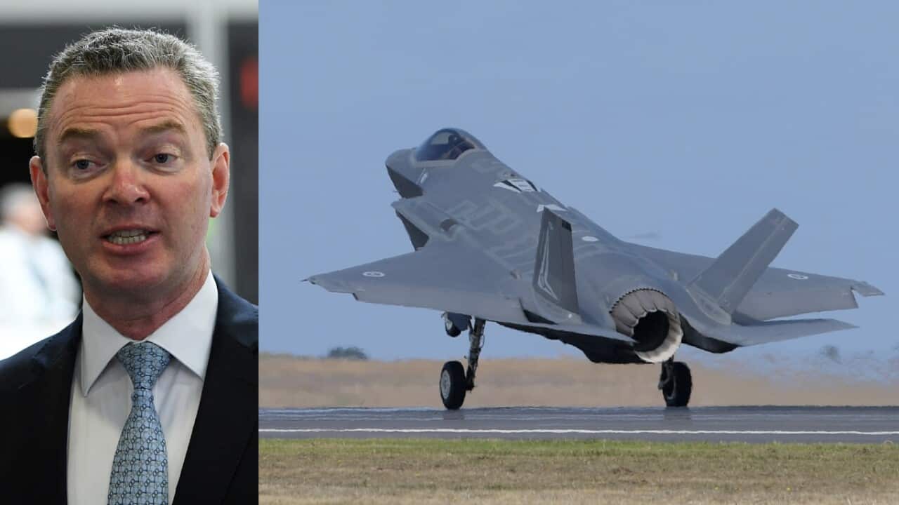 File image of Minister Christopher Pyne and the new F-35 Joint Strike Fighter 