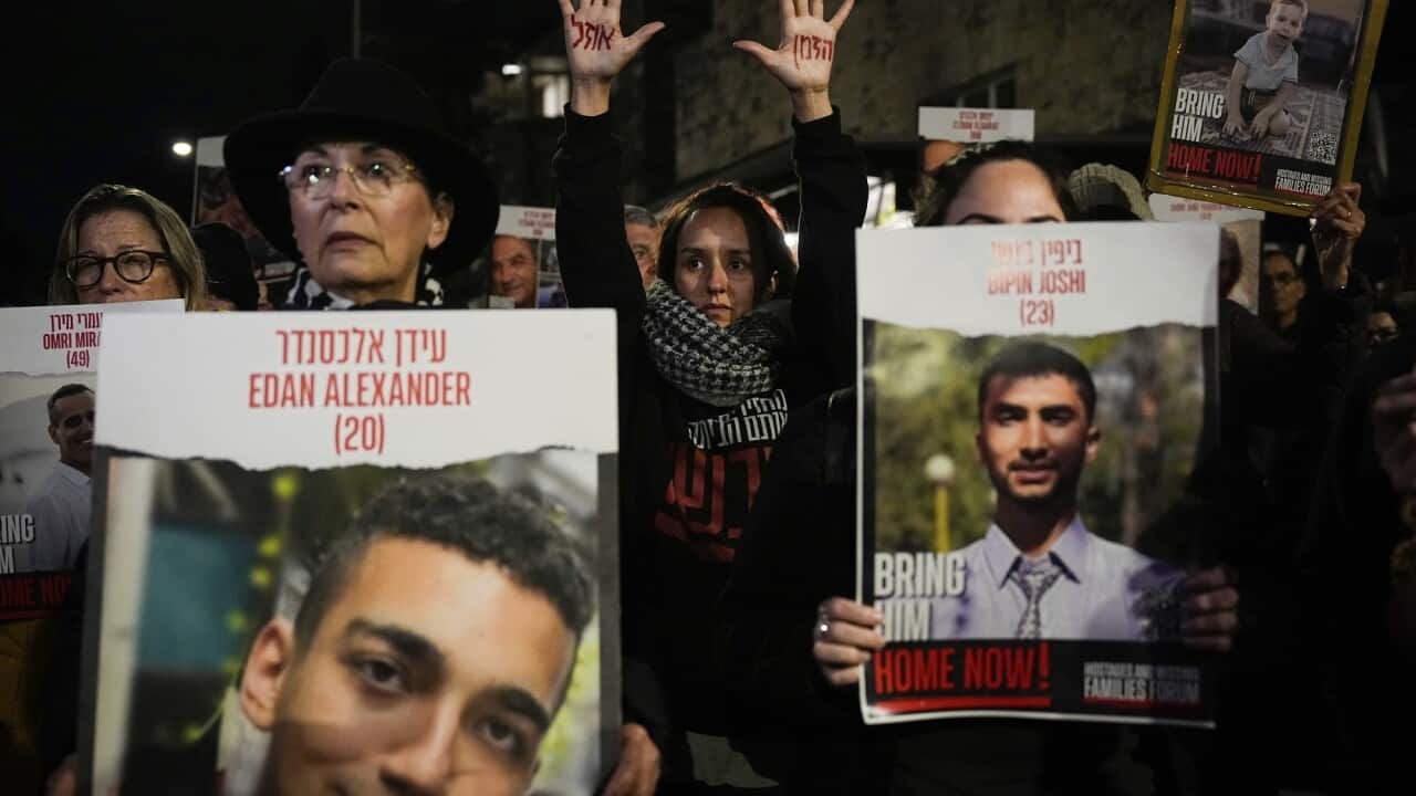 Relatives and supporters of the Israeli hostages held in the Gaza Strip by the Hamas militant group attend a protest calling for their release outside the Knesset, Israel's parliament.