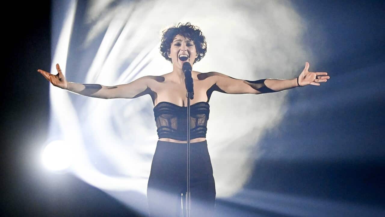 Barbara Pravi from France with the song 'Voila' records a clip during the first dress rehearsal for the Second Semi-Final of the 65th annual Eurovision Song Contest (ESC) at the Rotterdam Ahoy arena, in Rotterdam, The Netherlands, 19 May 2021.