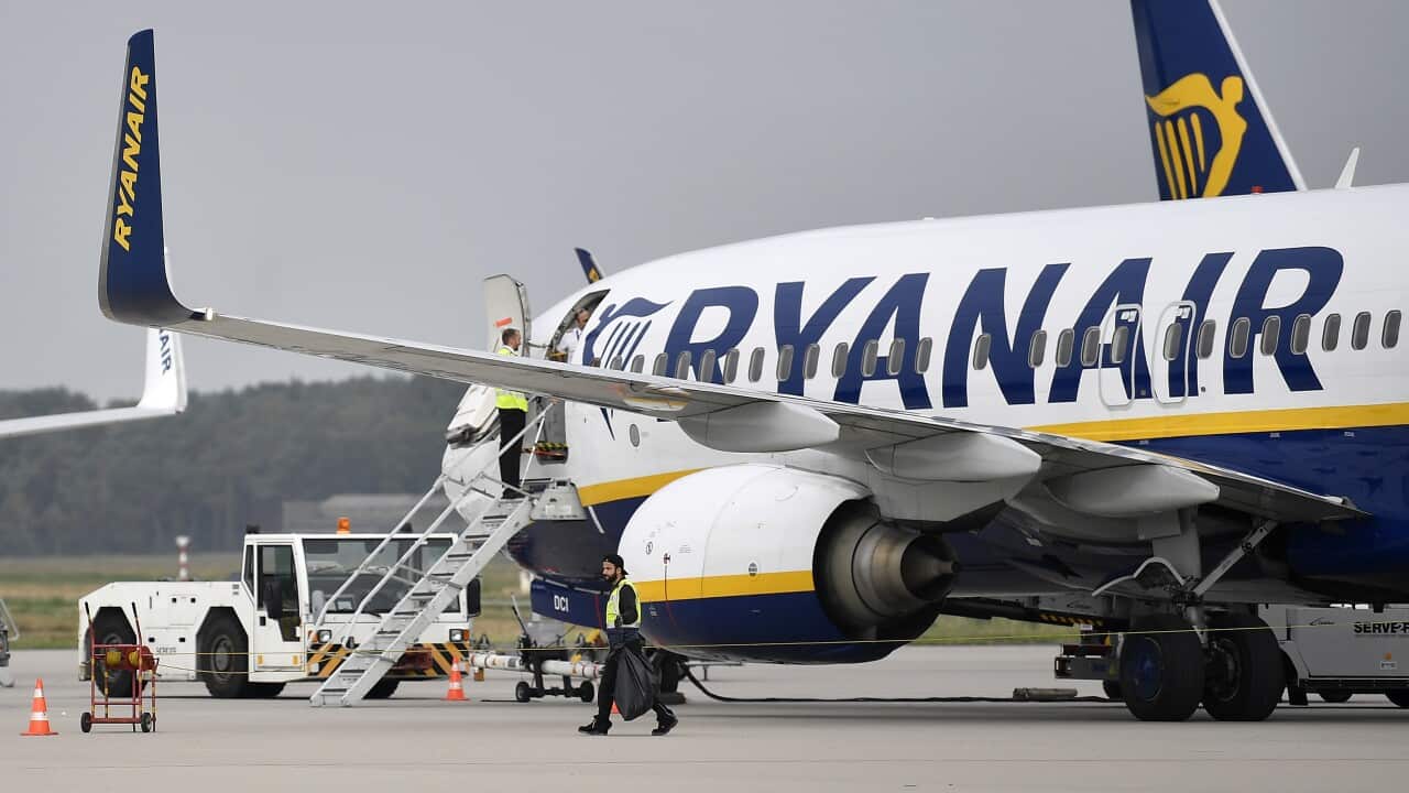 A Ryanair plane on an airport tarmac