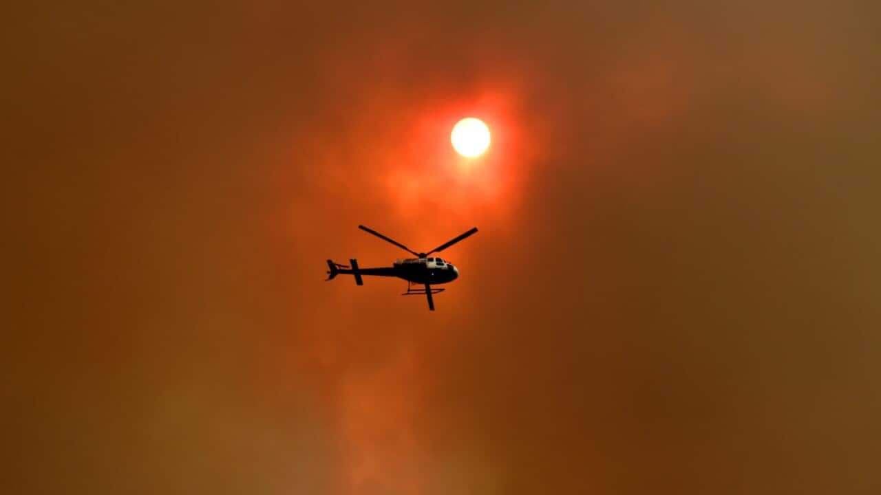 A spotter helicopter flies through thick bushfire smoke in Nana Glen, near Coffs Harbour, Tuesday, 12 November, 2019.