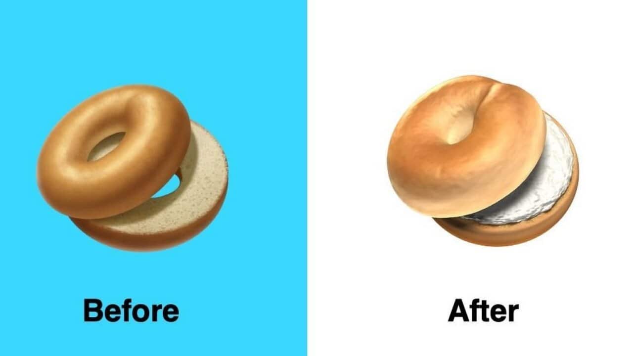 Apple has changed the emoji in the latest version of iOS to a more realistic graphic and has added cream cheese.