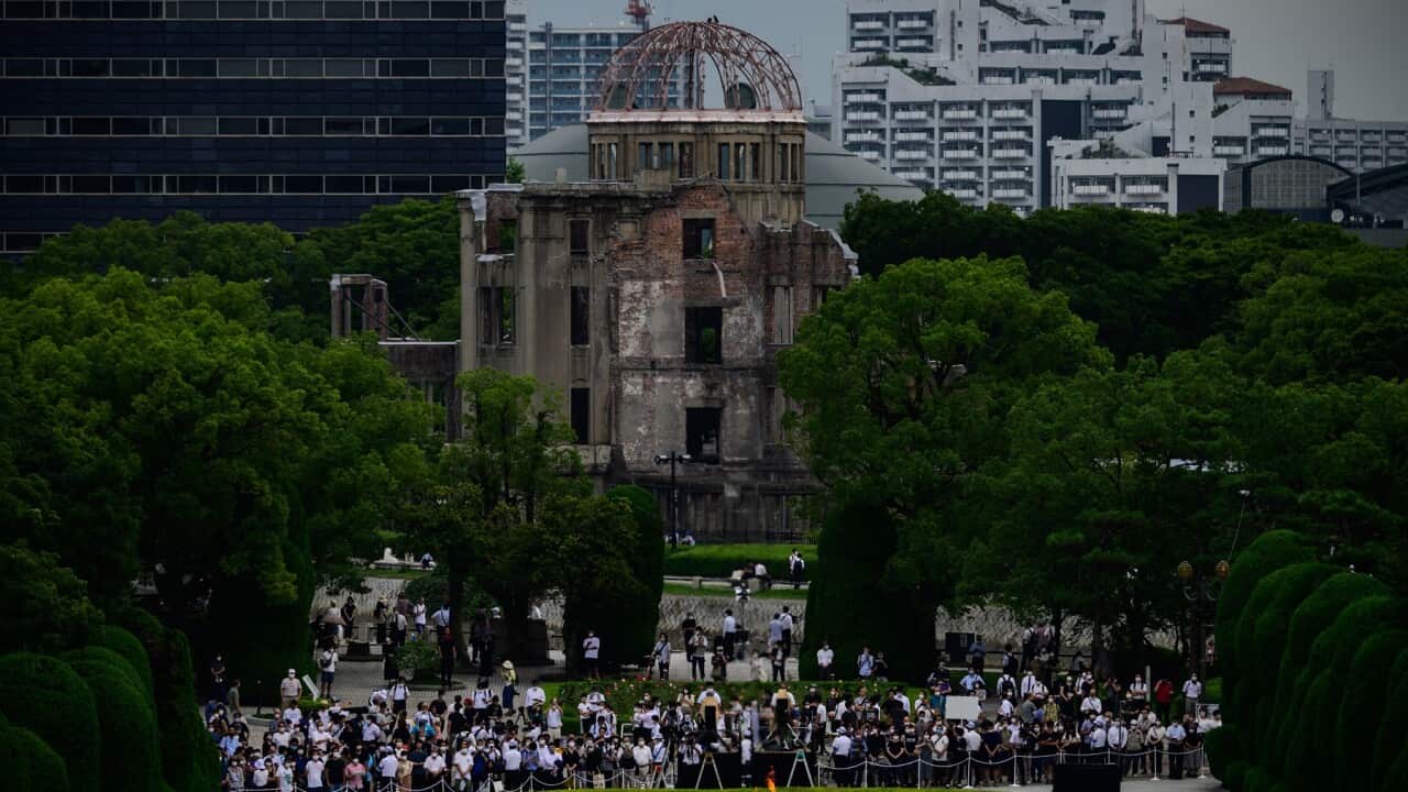 The 75th anniversary memorial service for atomic bomb victims at the Peace Memorial Park in Hiroshima
