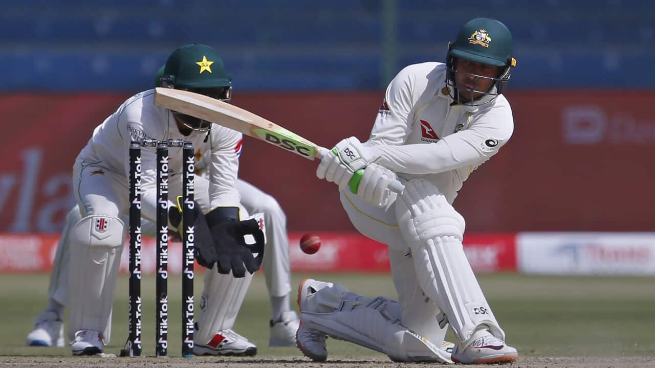 Australia's Usman Khawaja bats in a cricket game