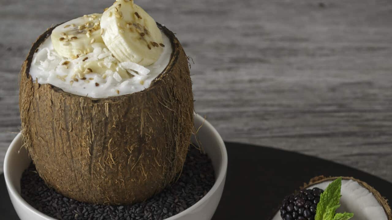 Sweet coconut pudding with bananas