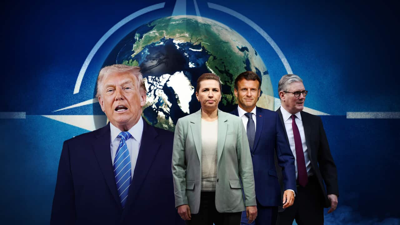 World leaders and the NATO logo