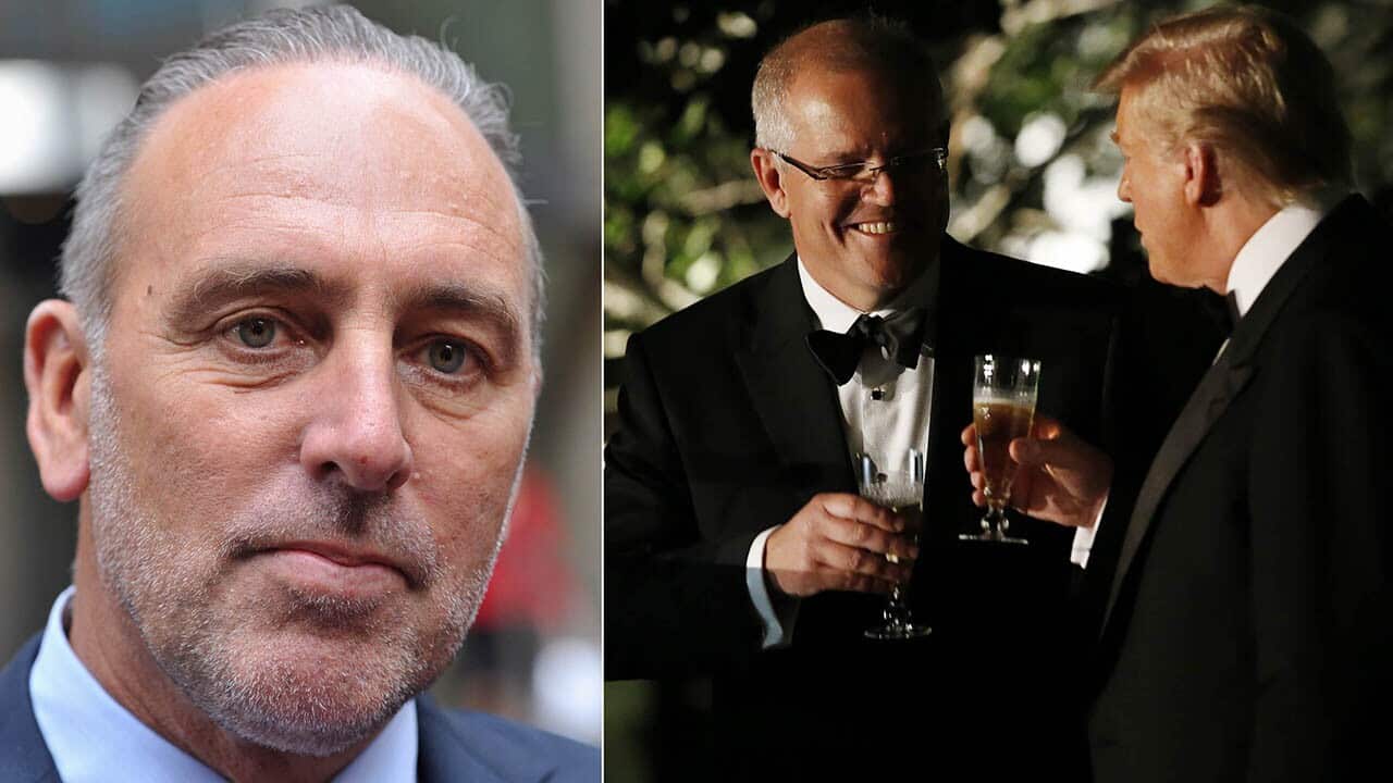 The PM’s office will “neither confirm nor deny” if Scott Morrison asked the White House for Brian Houston (left) to be included for a state dinner. 