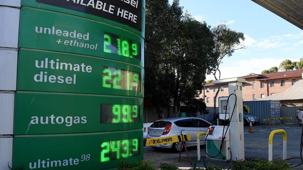 Fuel prices are listed on a fuel price board at a BP petrol station in Surry Hills, Sydney, March 14, 2022.