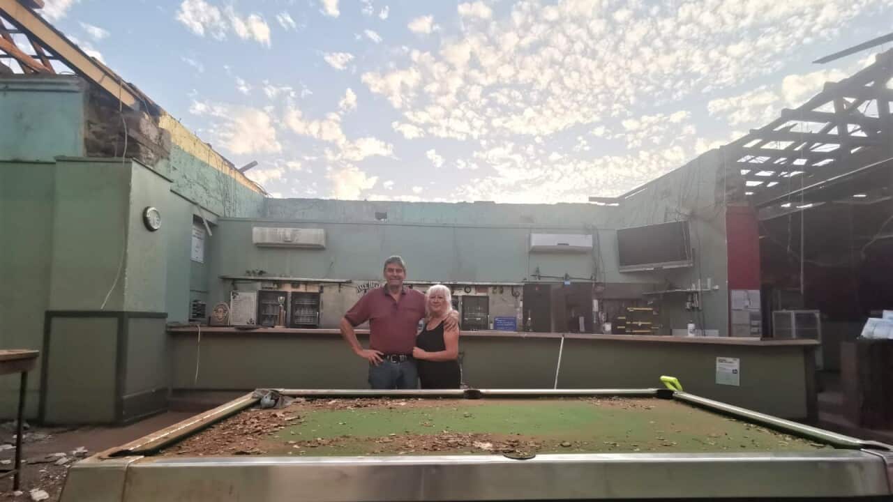 Publican Ian Trevarton and his wife Kelly in their roofless Northampton tavern.