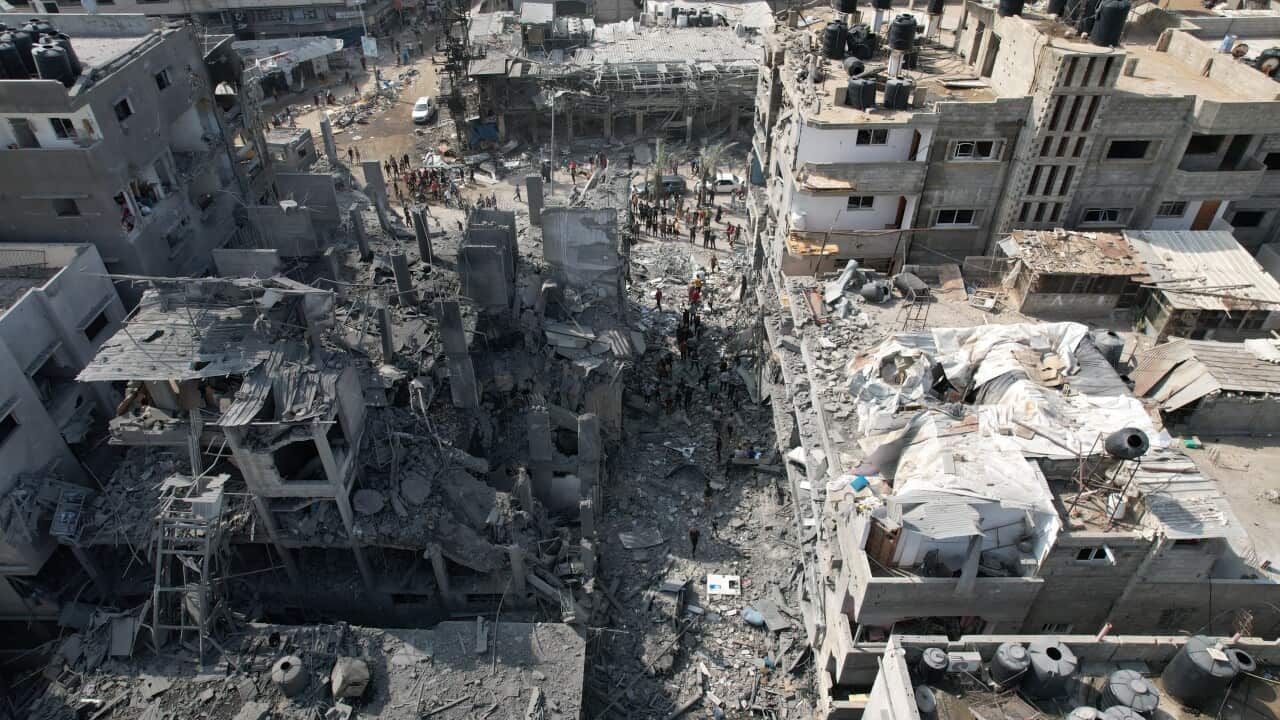 Aerial view of buildings destroyed by airstrikes.