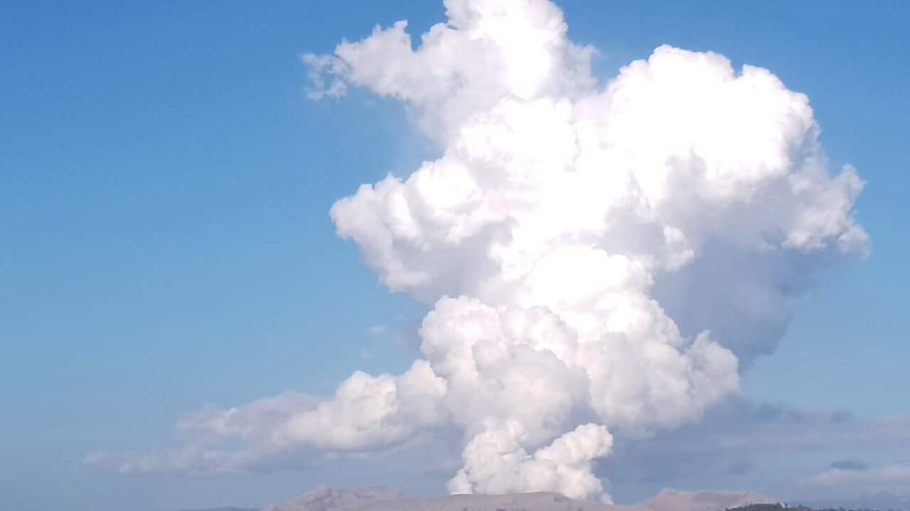 Taal Volcano spews white steam and ash as seen from Balete, Batangas province, south of Manila, Philippines on Saturday 26 March, 2022.