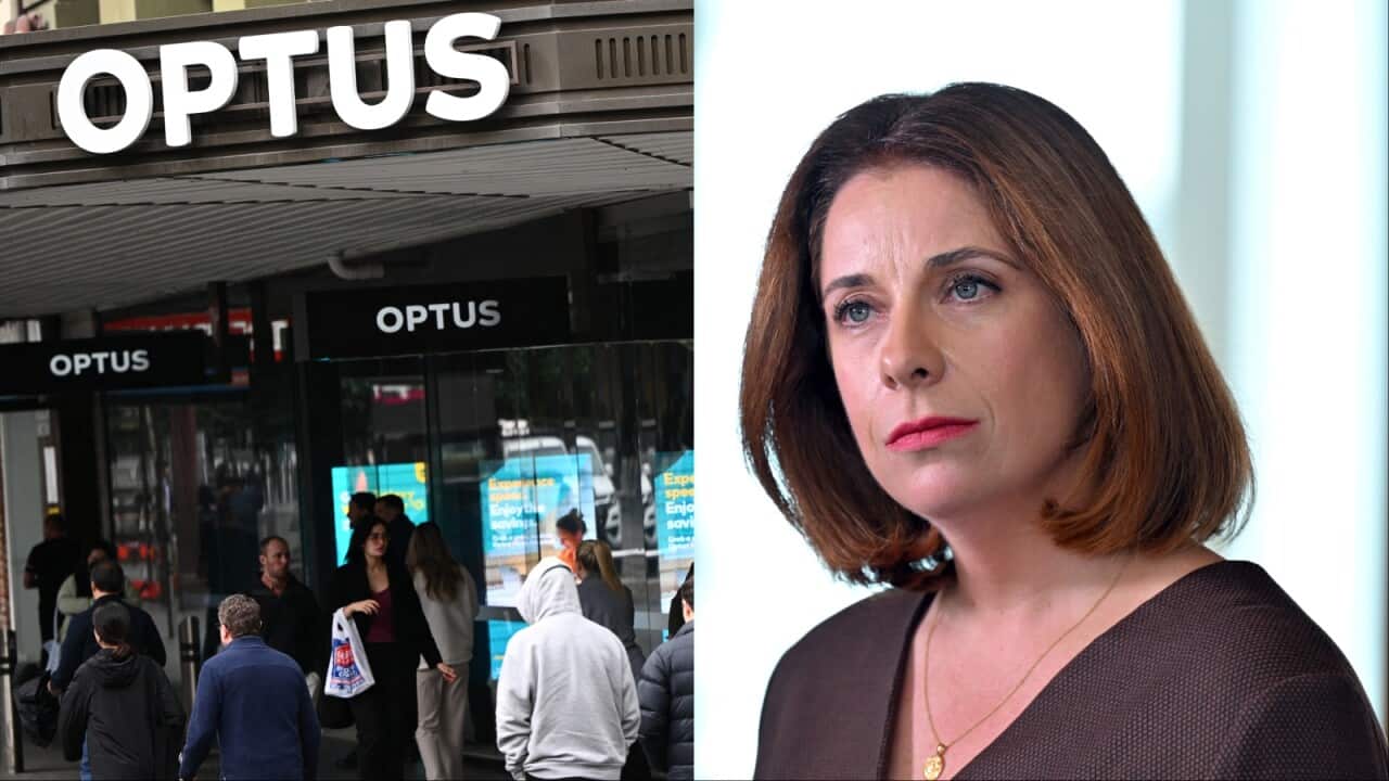 An Optus store and Communications Minister Anika Wells