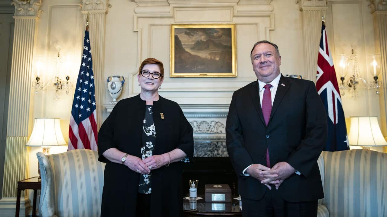US Secretary of State Mike Pompeo meets with Foreign Minister Marise Payne in Washington on Monday.