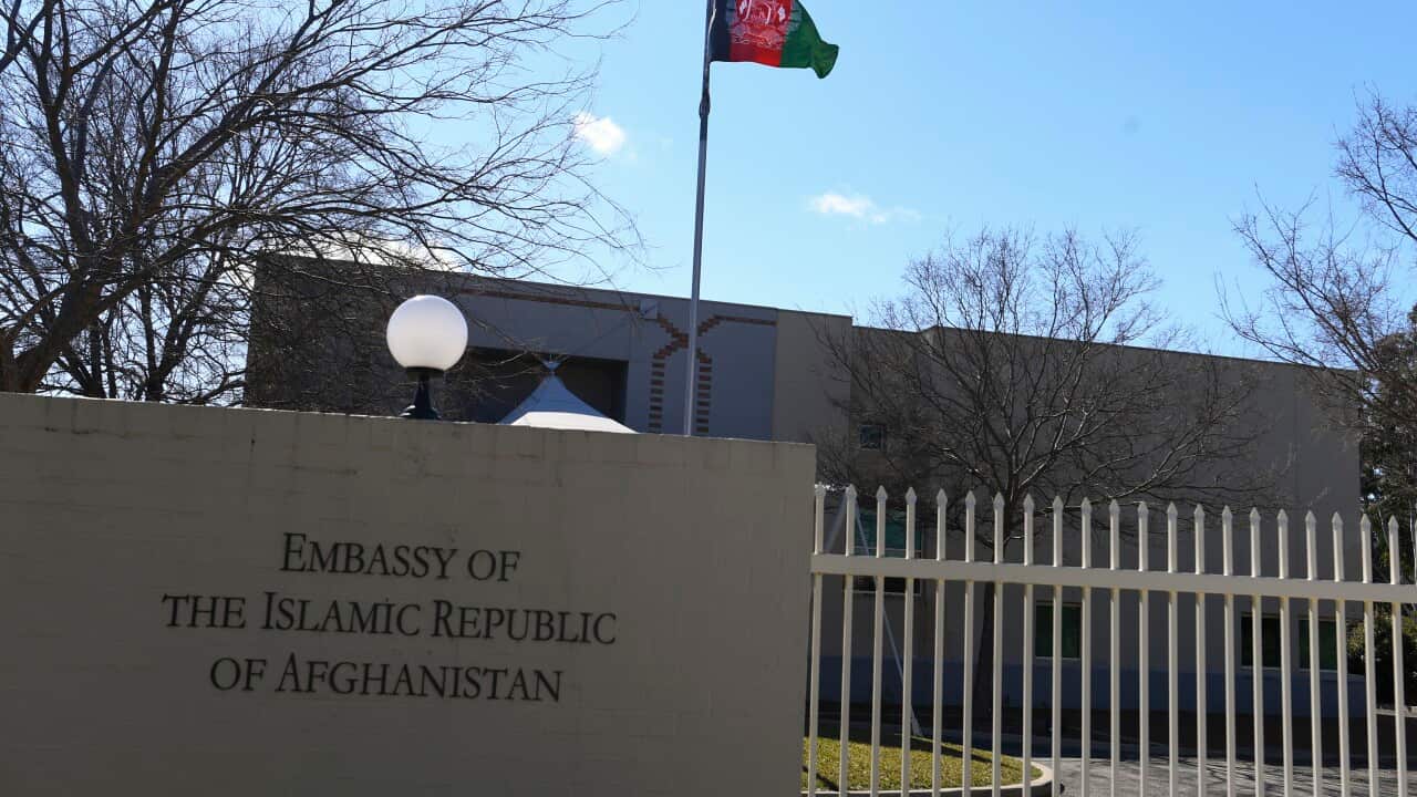 The Afghan embassy in Canberra, a pale building with a closed gate.