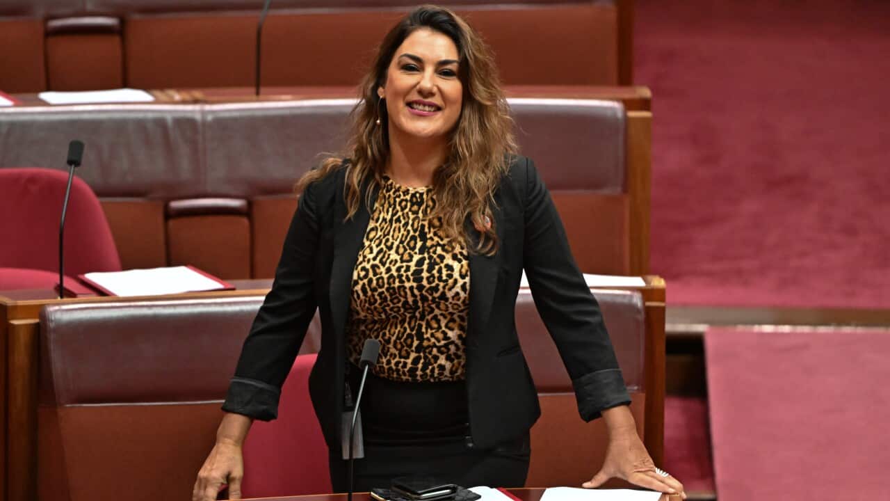 Woman in a suit and leopard-print shirt smiles in parliament.
