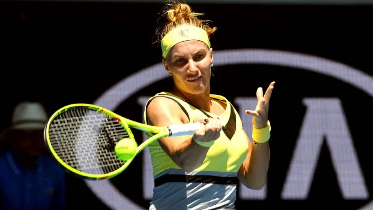 Svetlana Kuznetsova of Russia in action against Jaimee Fourlis of Australia in round 2 of the Womens Singles on day three of the Australian Open in Melbourne, Australia, Wednesday, Jan. 18, 2017. (AAP Image/Dean Lewins) NO ARCHIVING, EDITORIAL USE ONLY