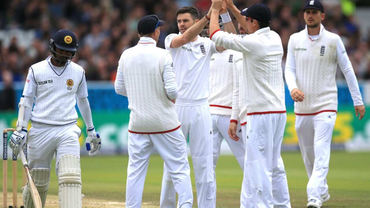 England's James Anderson after taking the wicket of Dimuth Karunaratne