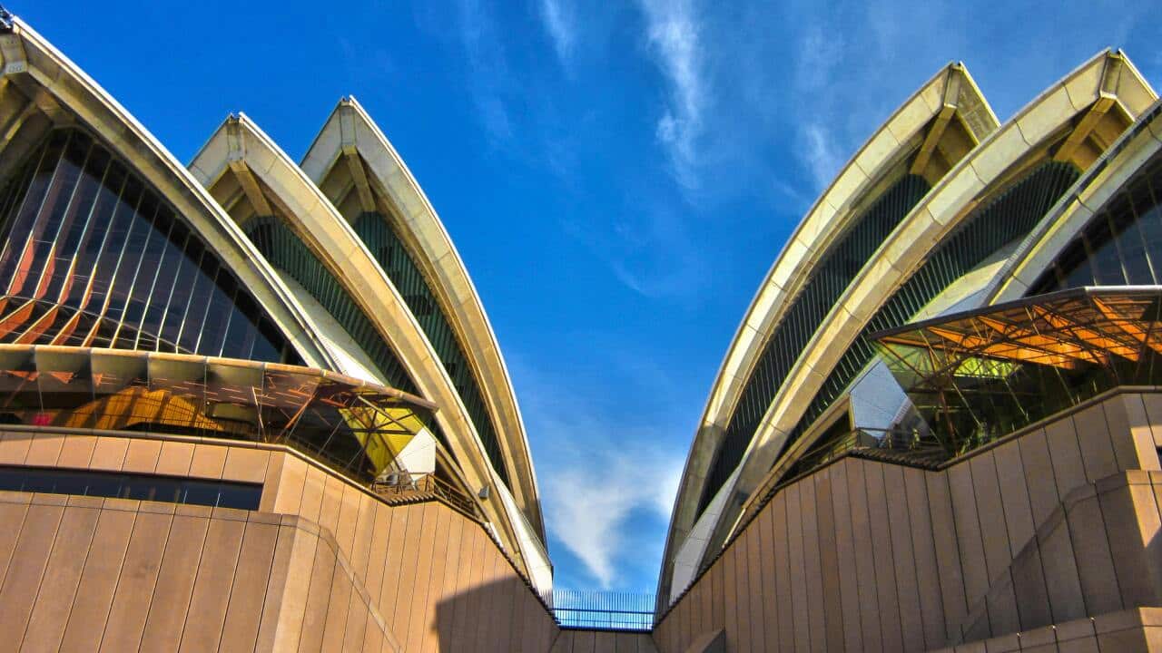A low angle view of the Sydney Opera House.