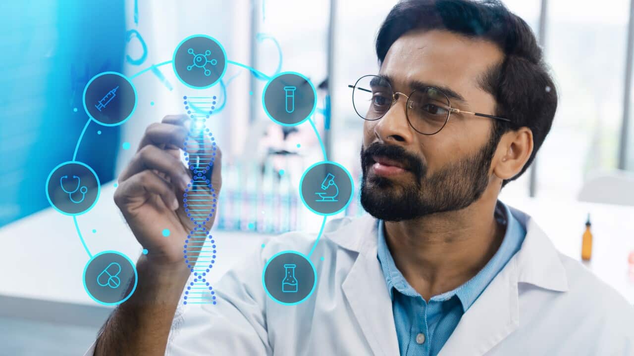 Scientist Analyzes DNA Helix Hologram AI Personalized Medicine