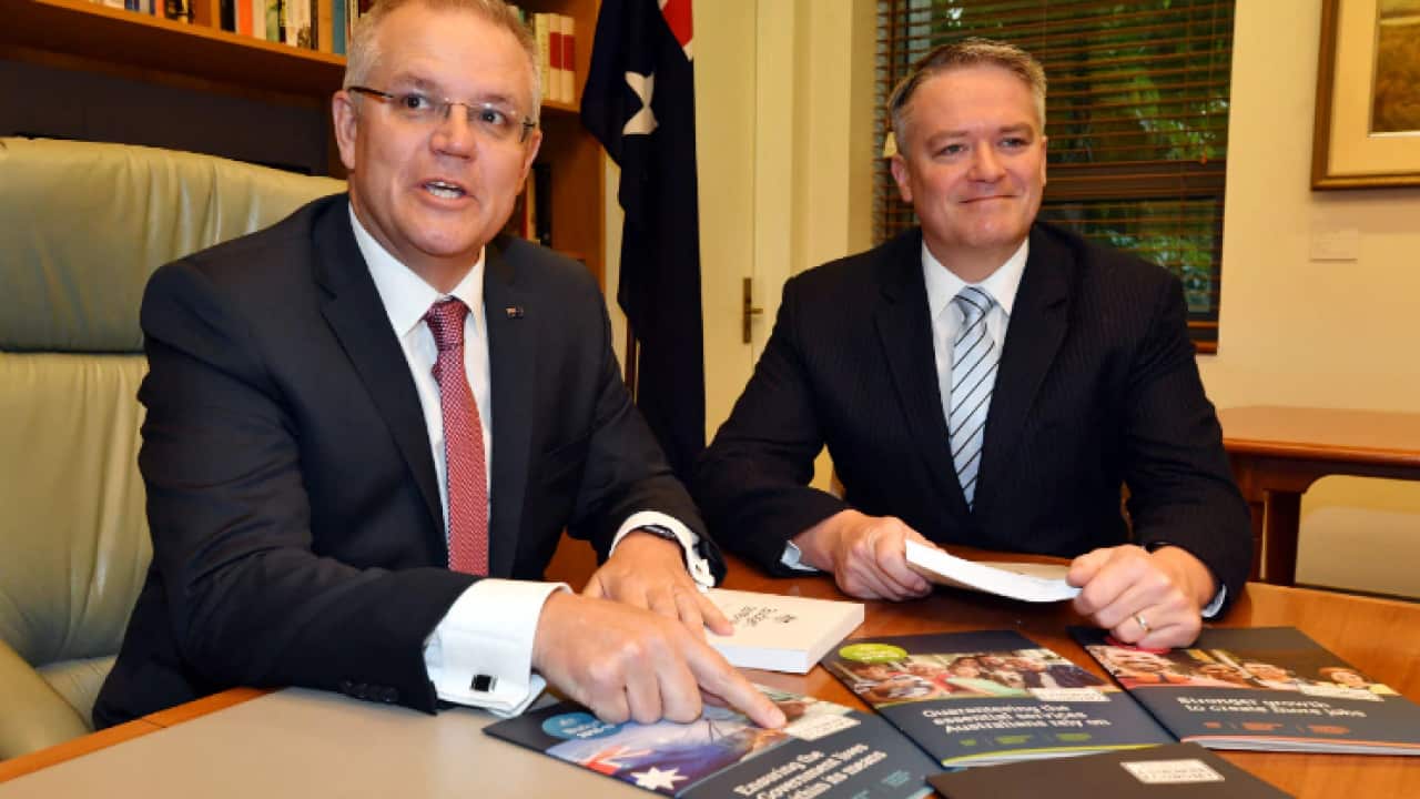 Treasurer Scott Morrison and Minister for Finance Mathias Cormann at a picture opportunity for Budget 2018