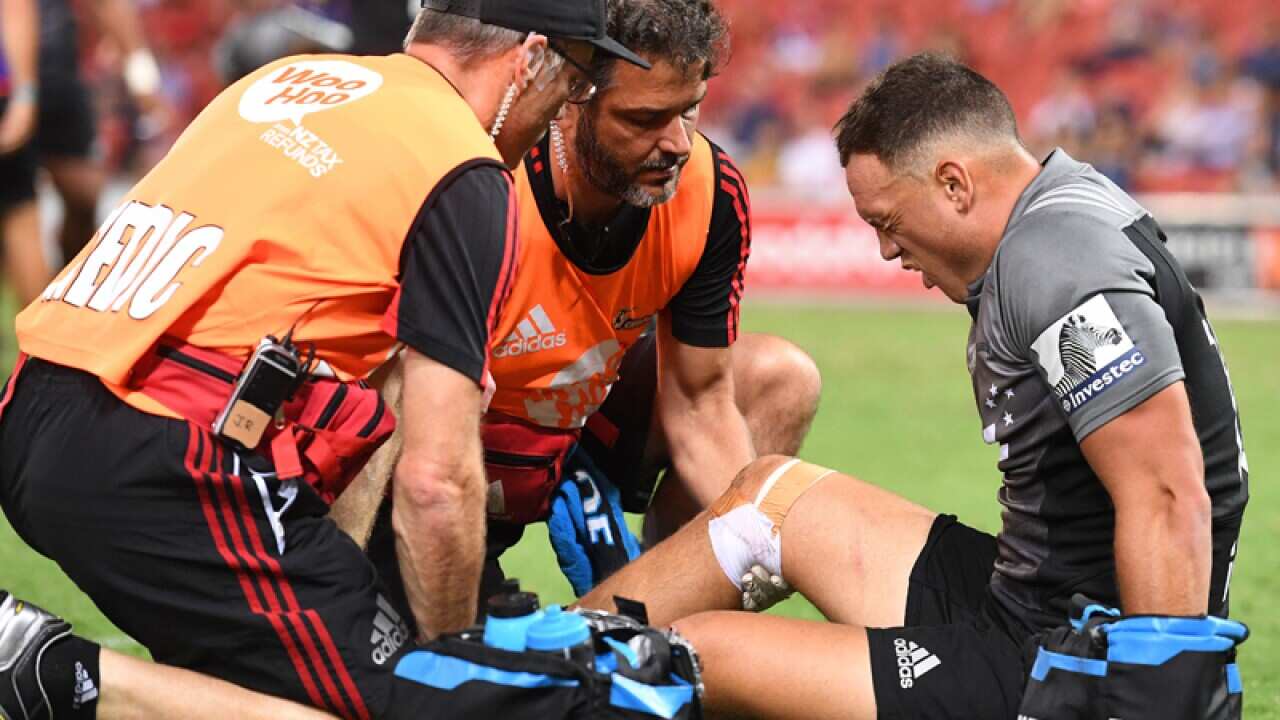 Crusaders player Israel Dagg is seen after sustaining an injury