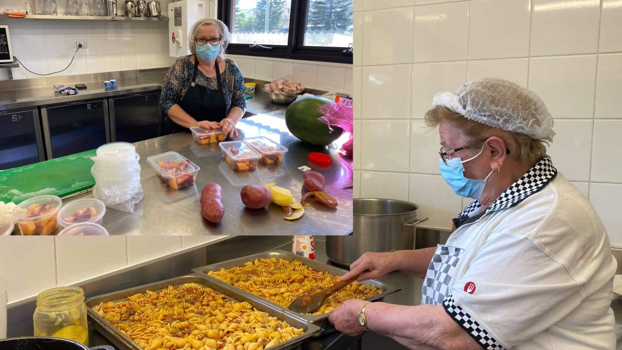 Macedonian Welfare Association volunteers Milica Ivanovska (L) and Violeta Bo[kovska (R) preparing fresh meals for the most vulnerable
