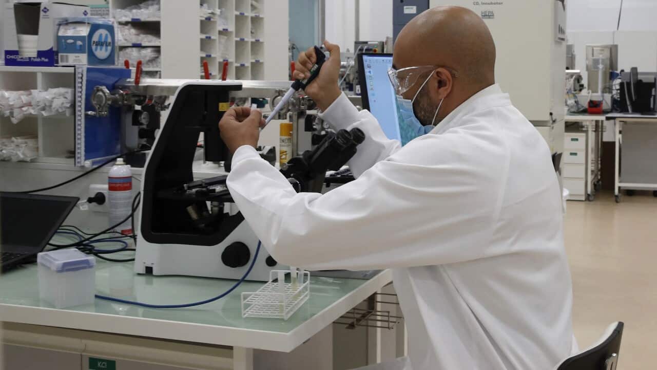 A researcher in a laboratory at the Sanofi Pasteur vaccine unit near Lyon, France