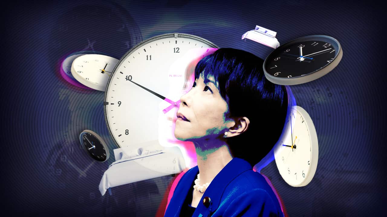 Sanae Takaichi in front of a navy background surrounded by floating beds and clocks.