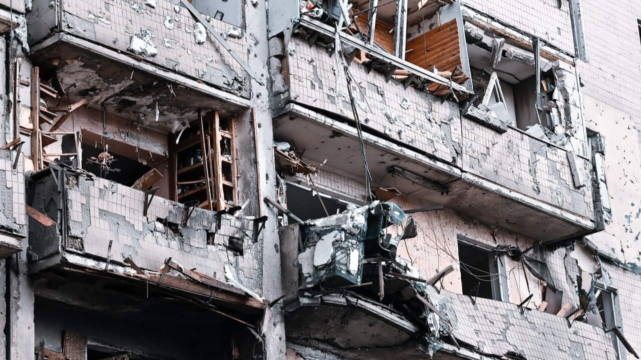 The damage from an explosion in Kyiv, Ukraine.