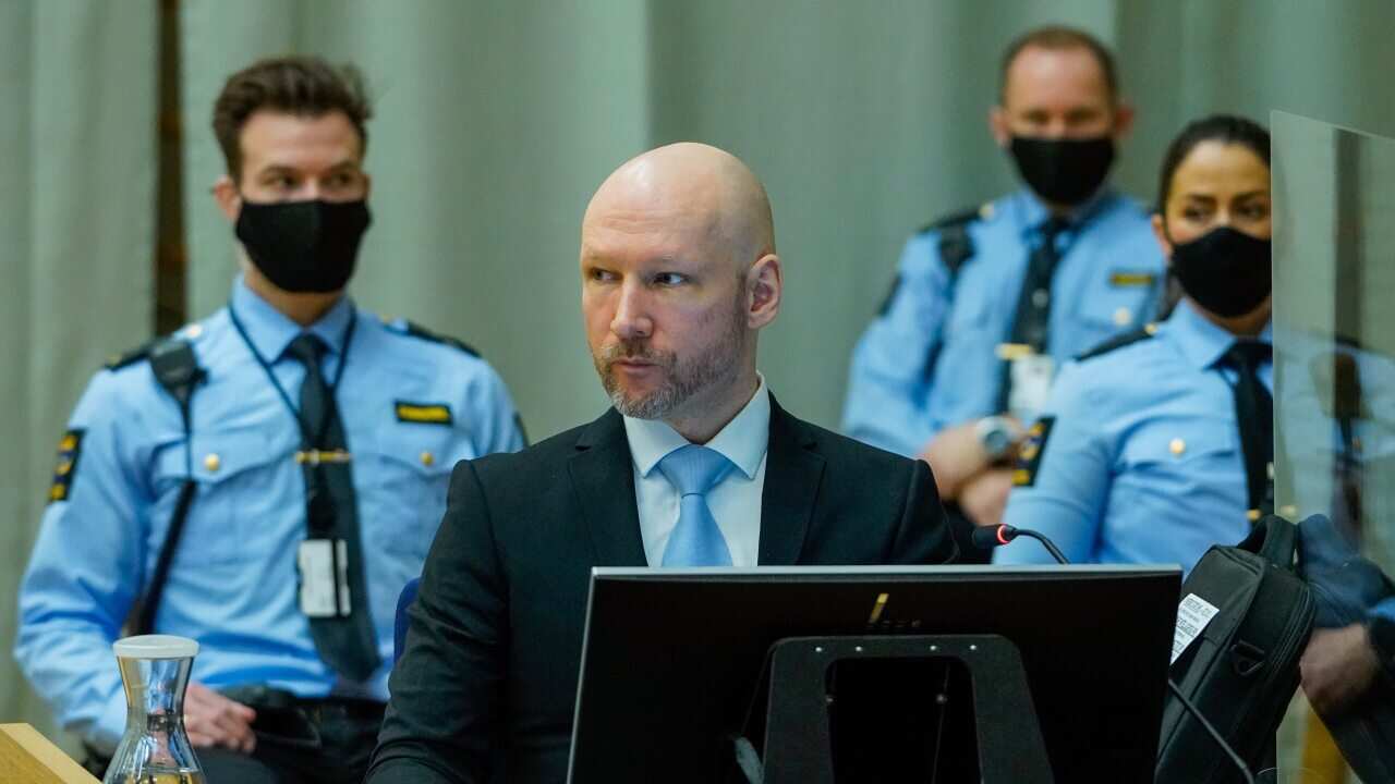 Anders Behring Breivik, convicted of terrorism, sits in the makeshift courtroom in Skien prison in Norway on the second day of his parole hearing.