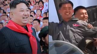 A split image. On the left is a man smiling as people behind him cheer. On the right are two men standing in the cockpit of a fighter jet and smiling.
