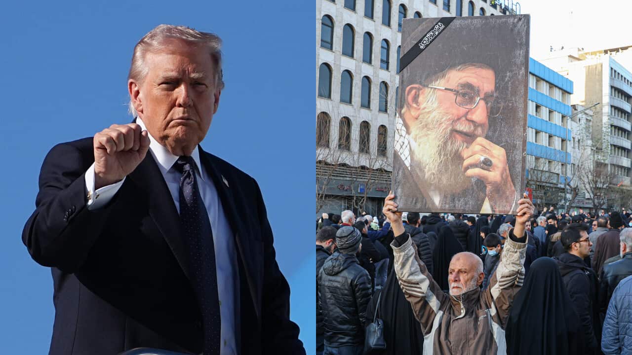A two-way header image of US President Donald Trump and people gathered holding up a picture of an elderly man.