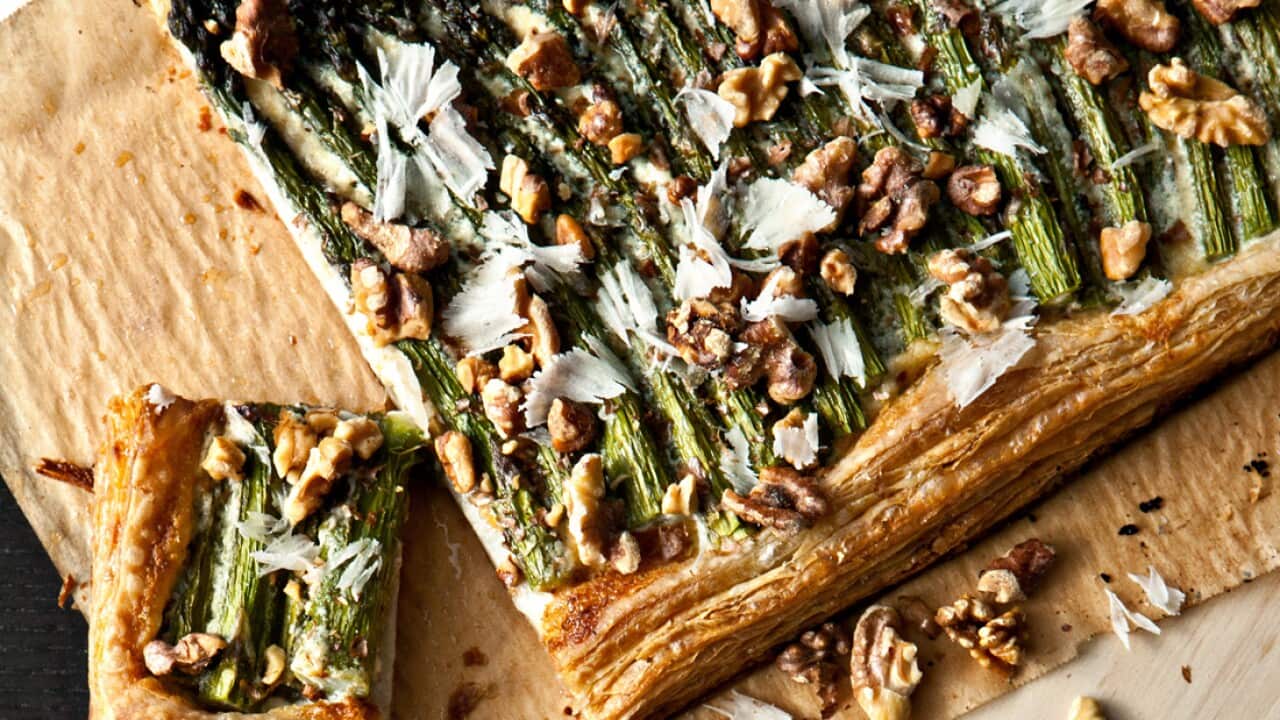 Asparagus tart with walnuts and parmesan