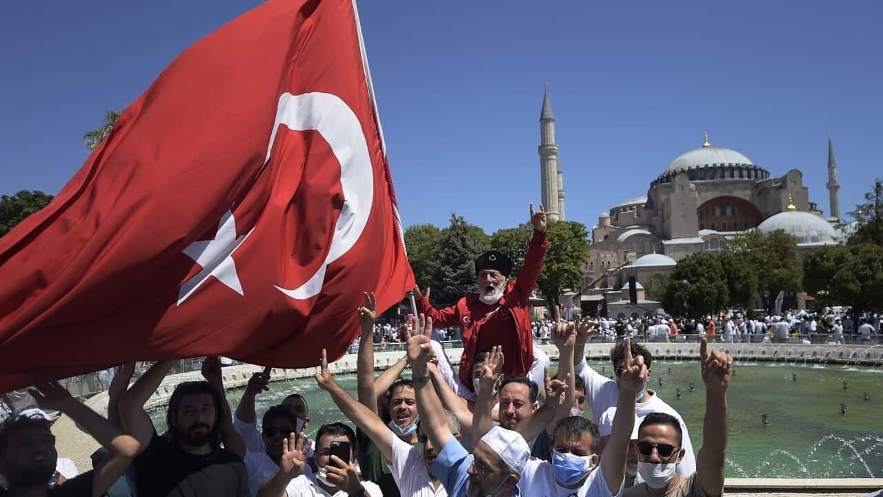 Thousands of Muslims have gathered to take part in the first prayer at Hagia Sophia since the Istanbul landmark was reconverted to a mosque.