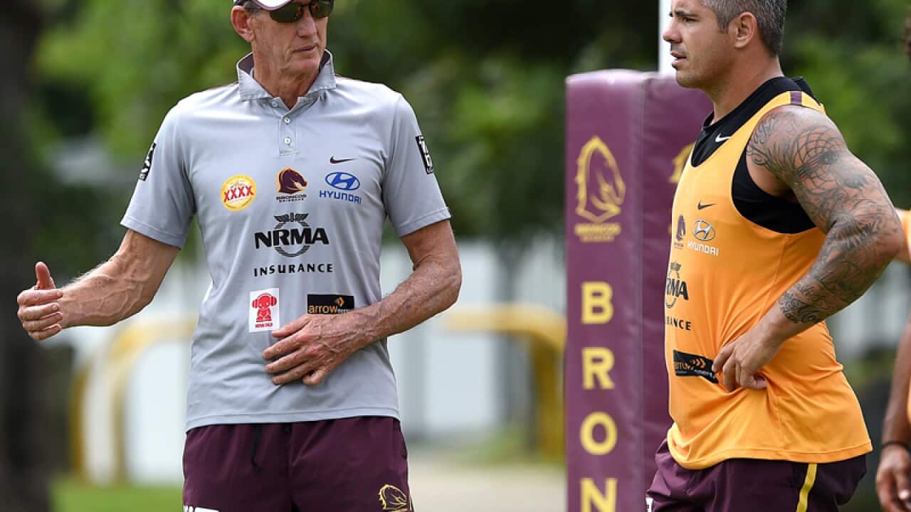 Coach Wayne Bennett looks on to newly appointed captain Corey Parker