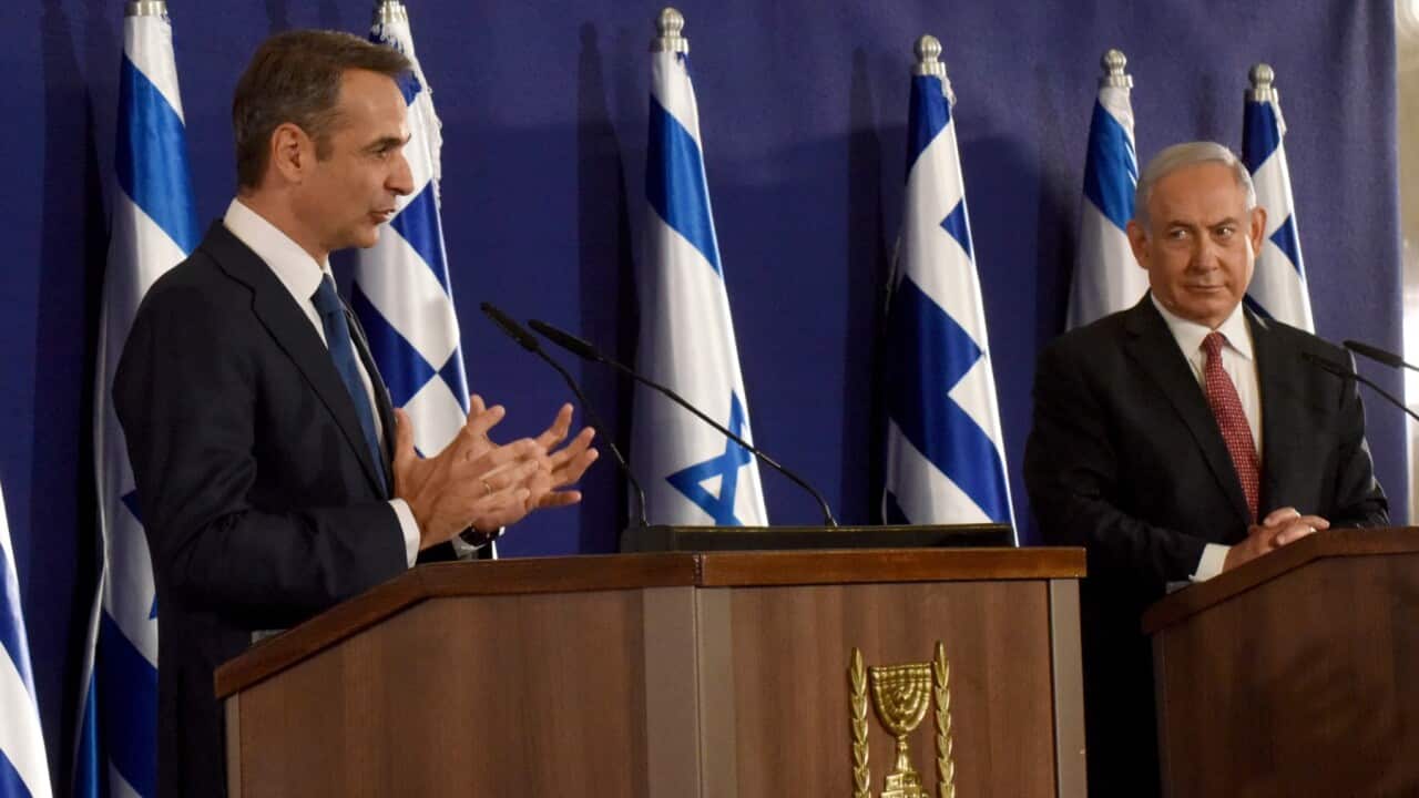 Israeli Prime Minister Benjamin Netanyahu, right, and Greek Prime Minister Kyriakos Mitsotakis give joint statements in Jerusalem, Tuesday, June 16, 2020.