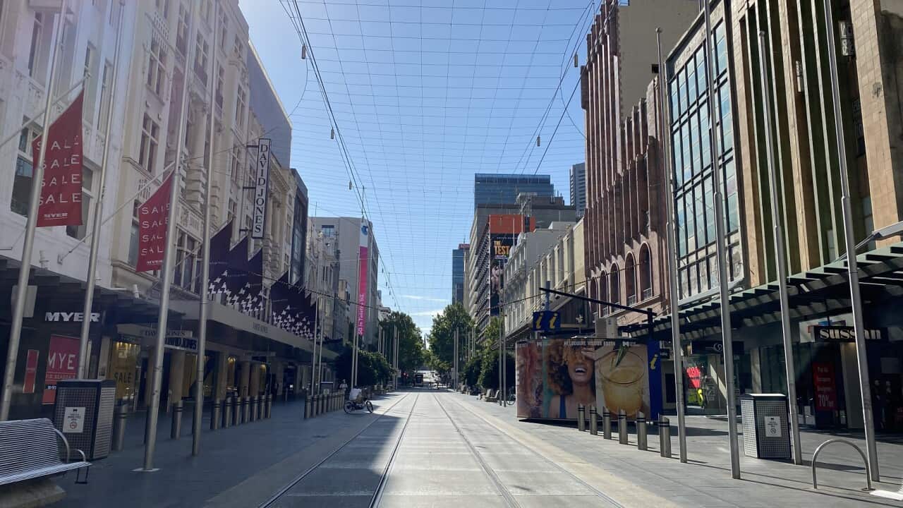 Melbourne's Bourke Street shopping area is empty of shoppers.
