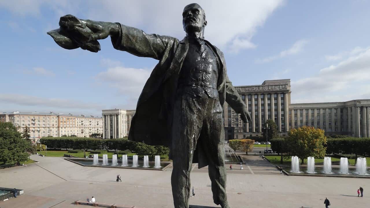A statue of Vladimir Lenin pictured during preparations for the 100th anniversary of the 1917 Bolshevik Revolution in St Petersburg.