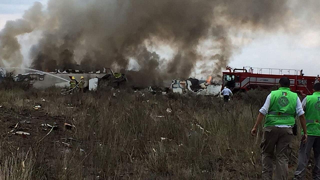 A handout photo made available by the Civil Protection State Coordination (CPCE) shows emergency personnel at the site where an Aeromexico plane crashed, in Durango, Mexico, 31 July 2018.