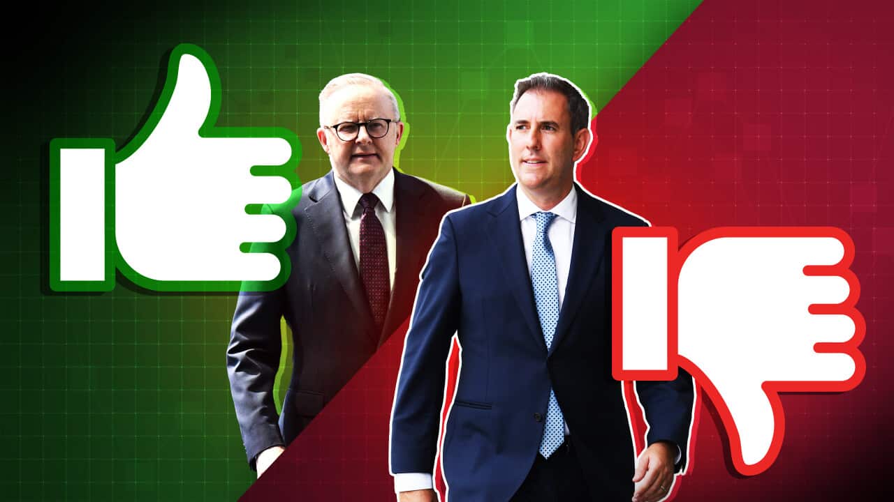 Anthony Albanese and Jim Chalmers on a split red and green background with a bug white thumbs up and a thumbs down