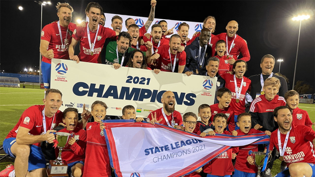 White City Woodville players celebrate winning South Australia State League One grand finals against WT Birkala, October 2021, Adelaide, Beograd, Serbian community