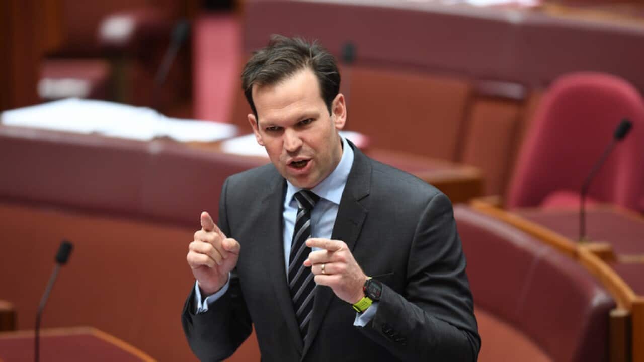 Australian Resource Minister Matt Canavan speaks during Senate Question Time in the Senate chamber at Parliament House in Canberra, Monday, November 13, 2017. (AAP Image/Lukas Coch)