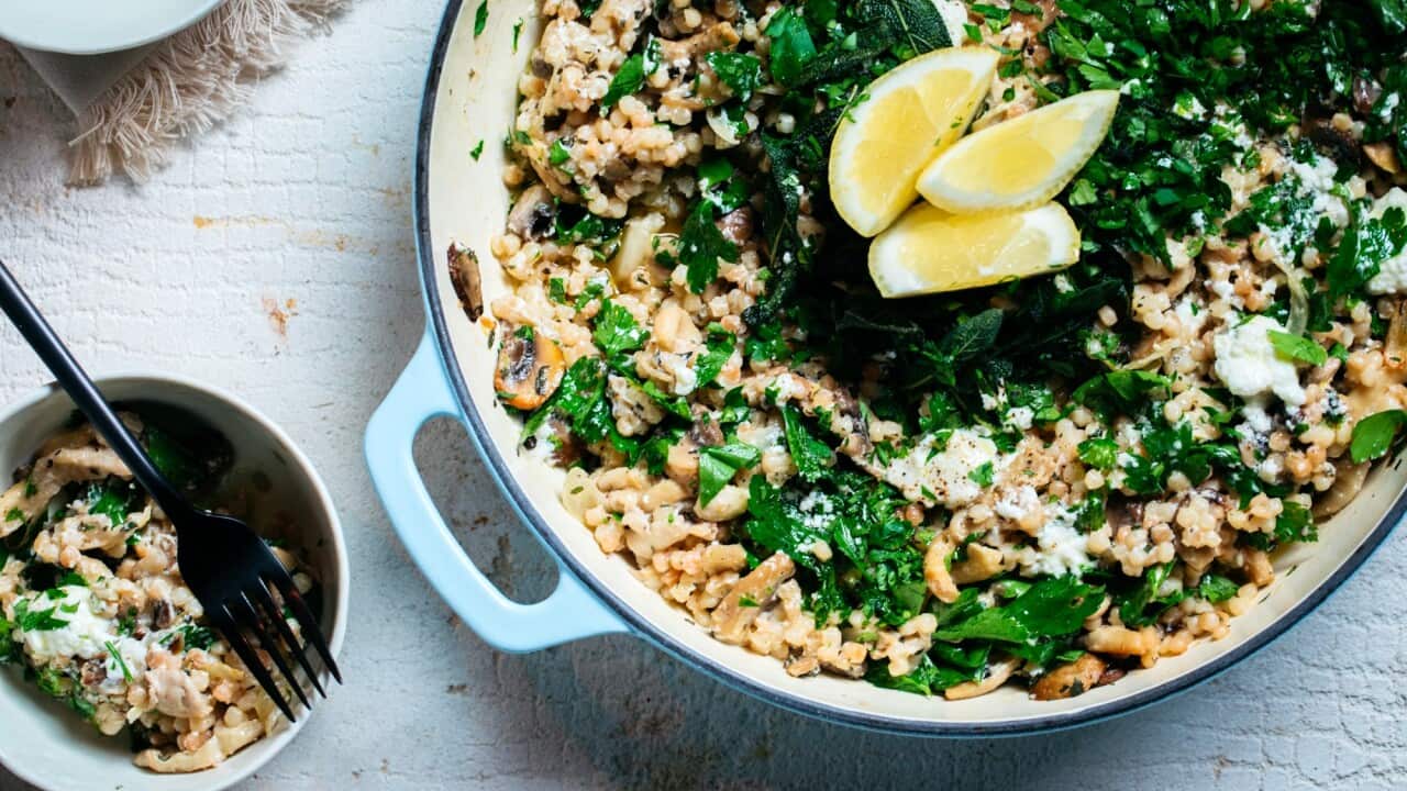 Herby pearl couscous with mushrooms and caramelised onion