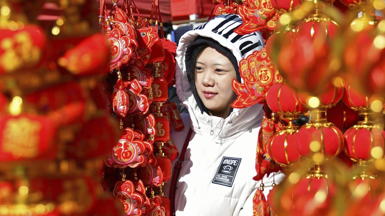 People select ornaments for Spring Festival on a market in Yantai city, east China's Shandong province.