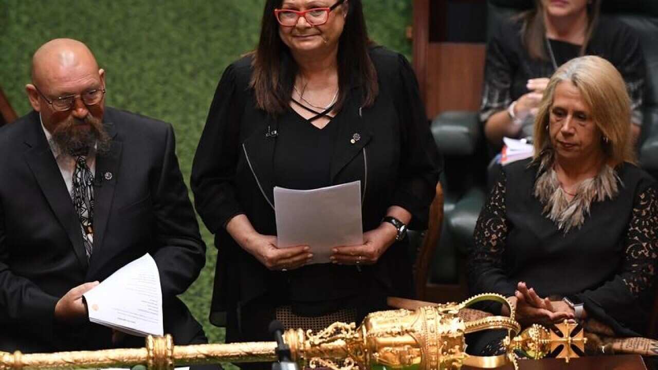 Jill Gallagher addresses parliament in Melbourne.