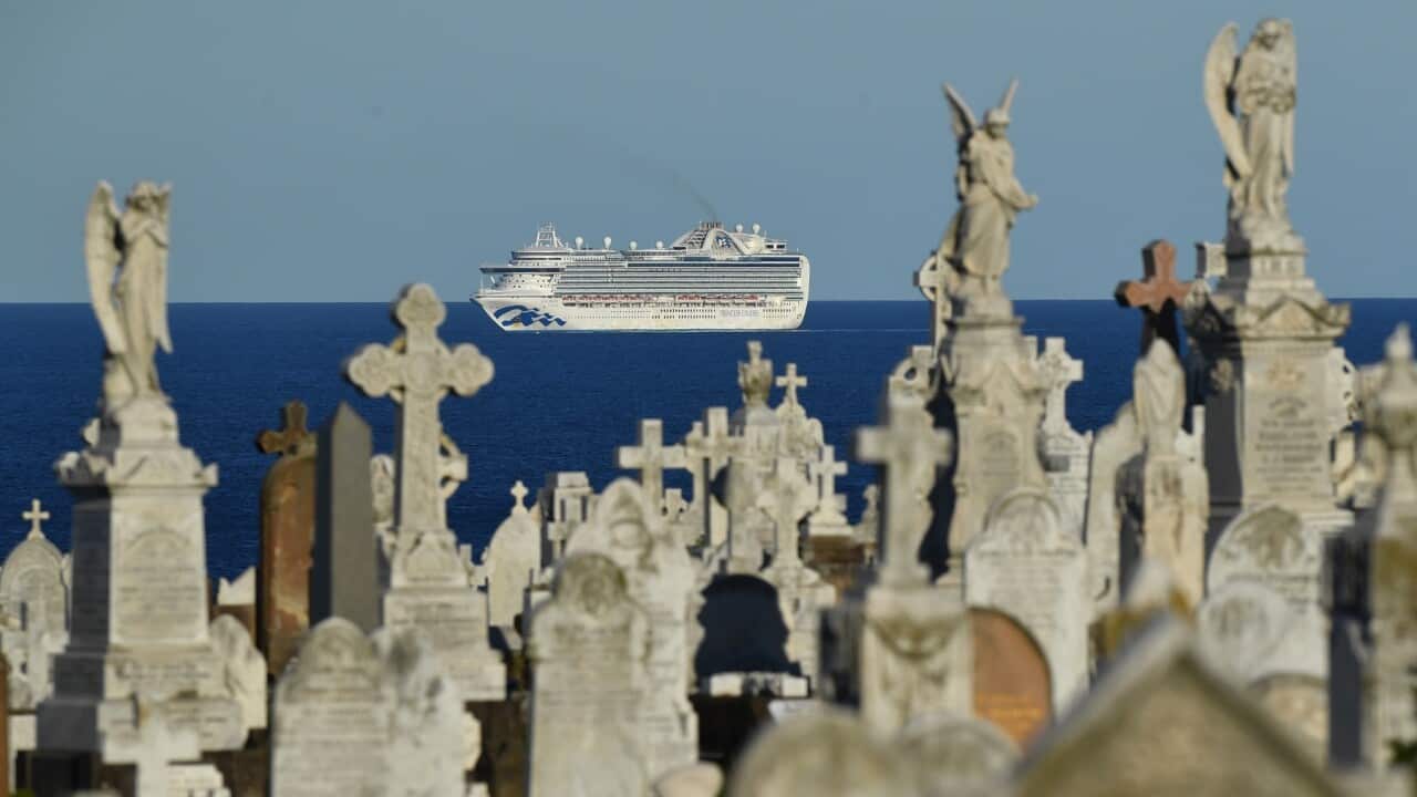 The cruise ship Ruby Princess sitting off the Sydney coast in early April