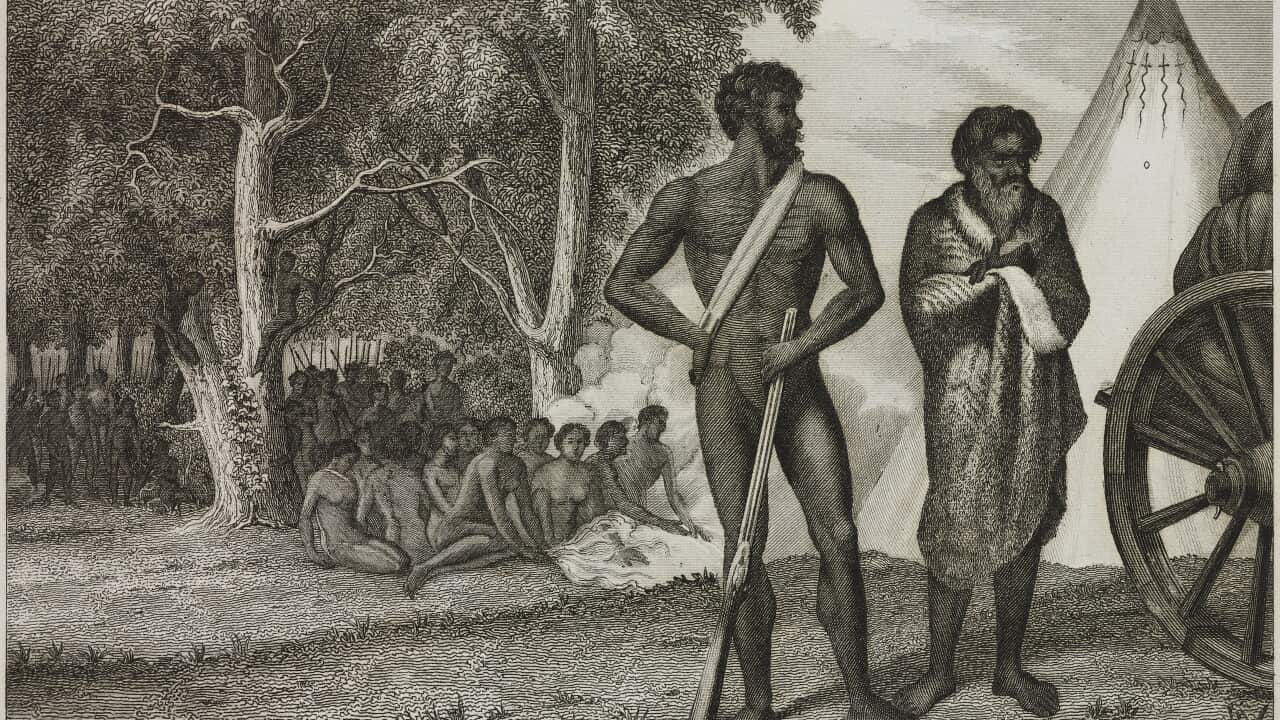 A nineteenth century engraving ot an aboriginal camp by Marmocchi