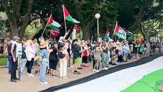 A crowd of protesters gathers in a park lined with large trees, holding Palestinian flags and standing behind a massive Palestinian flag banner on the ground.